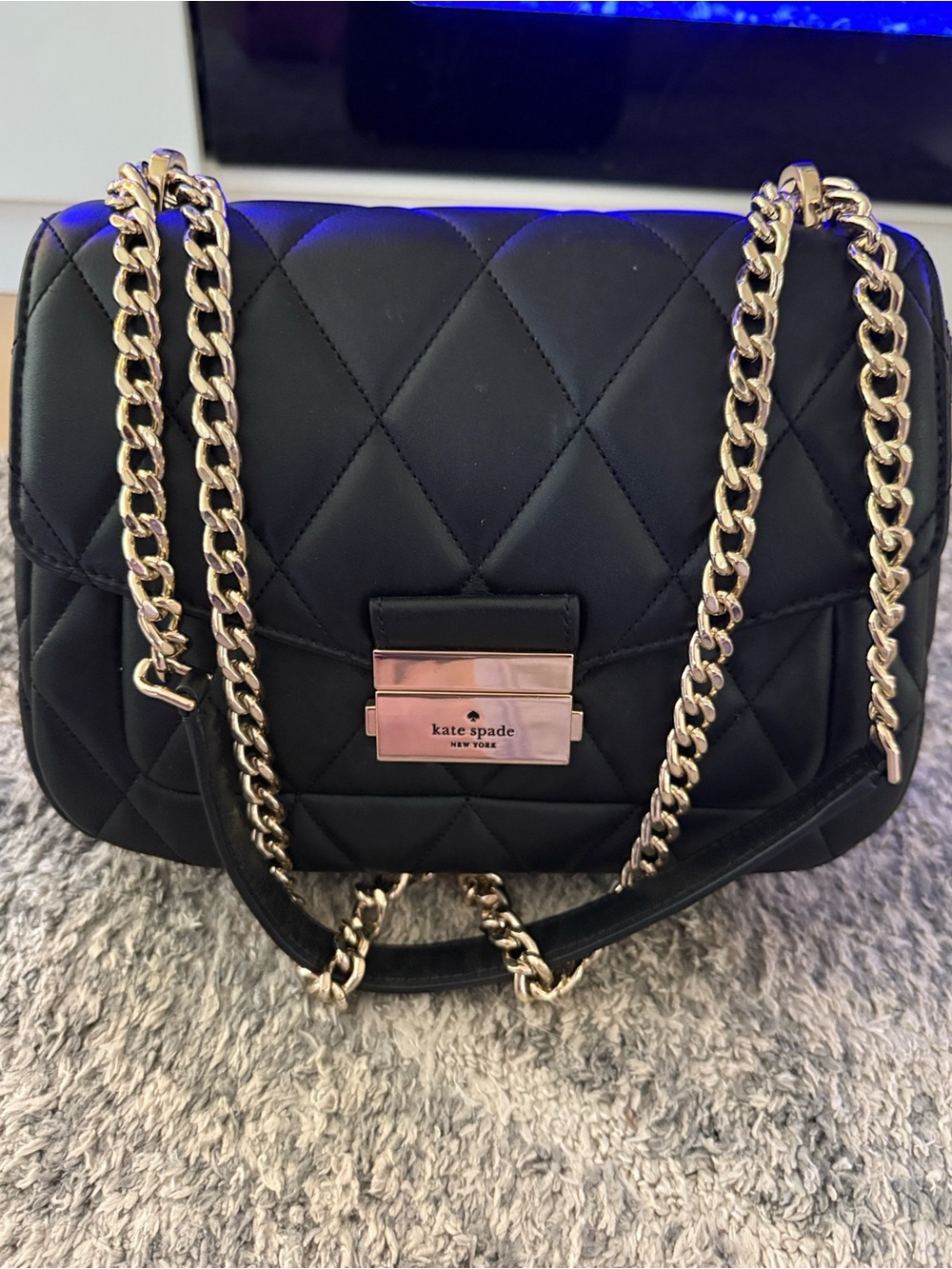 Kate Spade Carey Medium Quilted Flap Black Shoulder Bag with Gold Chain